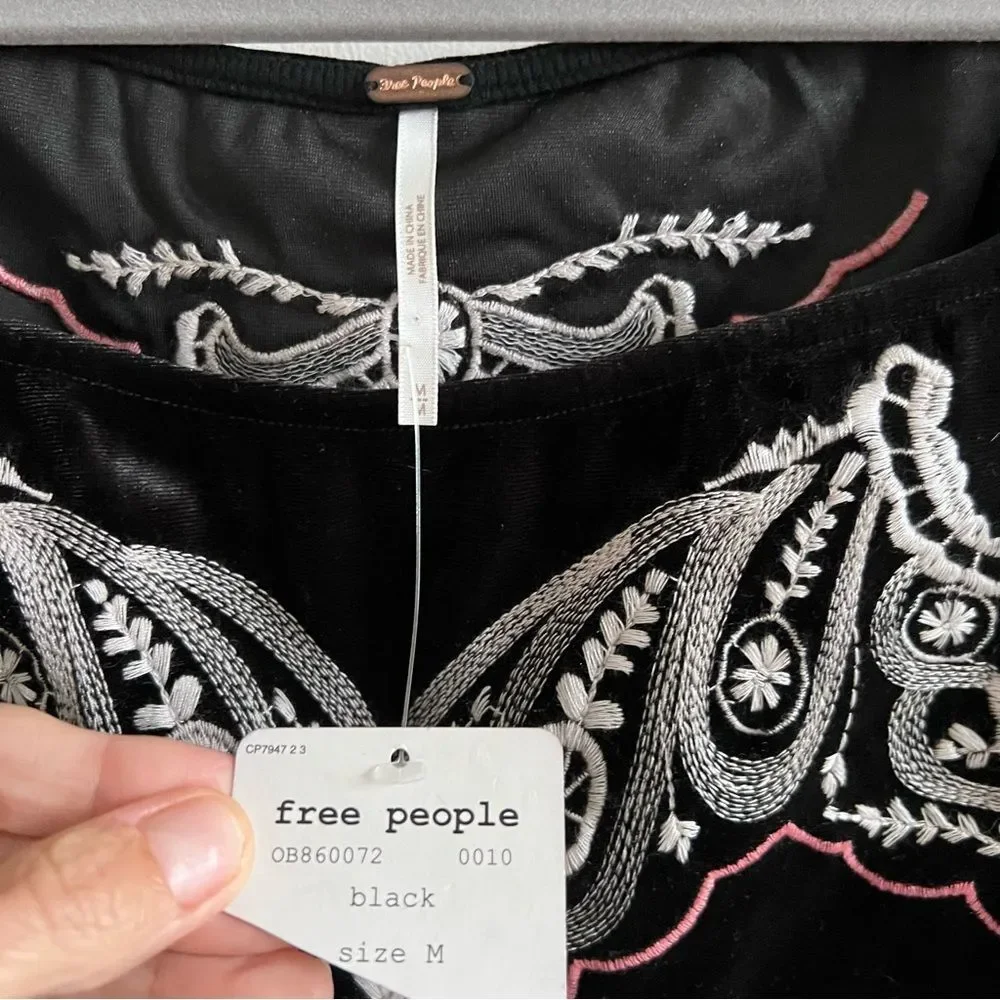 Free People Party Train Top Black Velvet Embroidered Floral Stretch